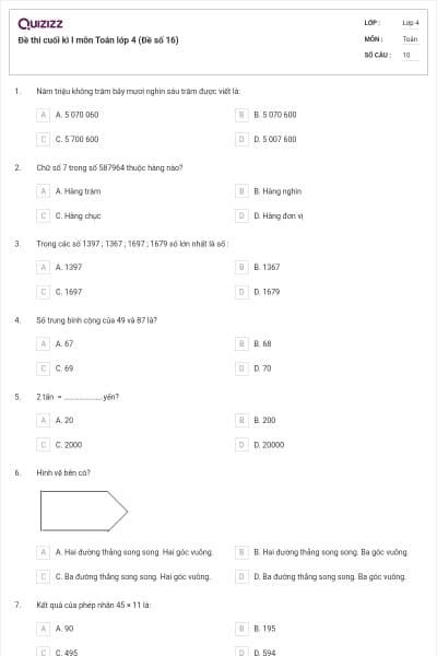 Đề thi cuối kì I môn Toán lớp 4 (Đề số 16)