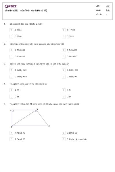 Đề thi cuối kì I môn Toán lớp 4 (Đề số 17)