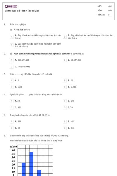Đề thi cuối kì I Toán 4 (đề số 22)