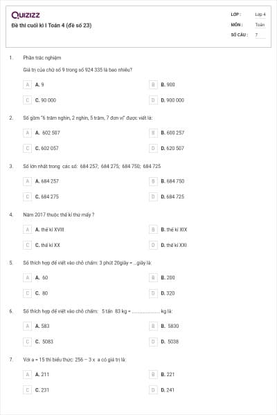 Đề thi cuối kì I Toán 4 (đề số 23)