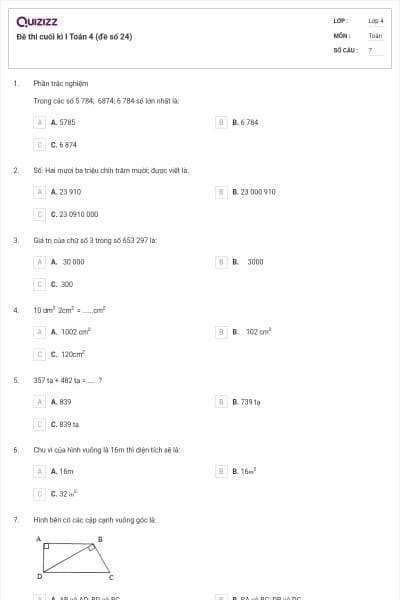 Đề thi cuối kì I Toán 4 (đề số 24)