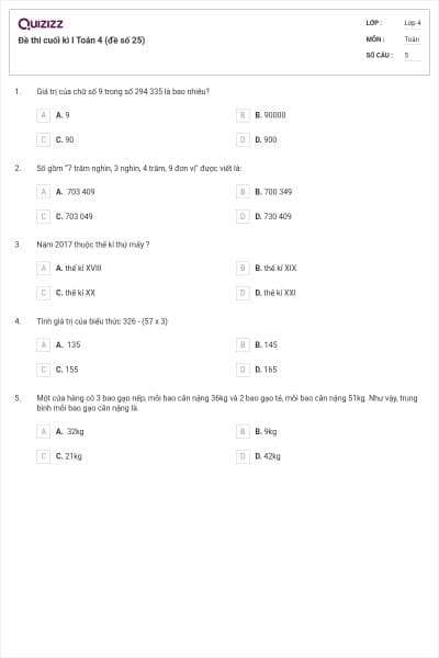 Đề thi cuối kì I Toán 4 (đề số 25)