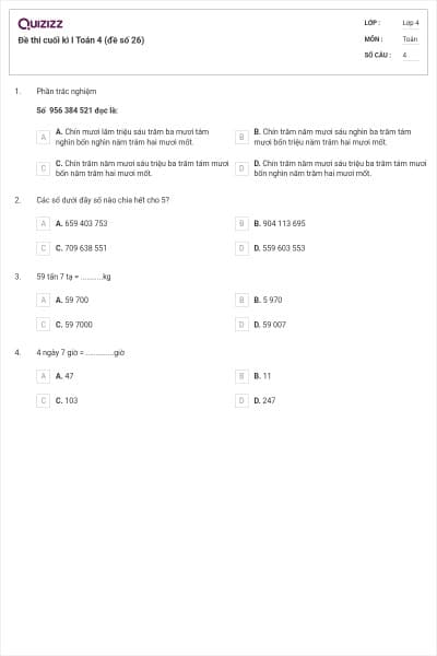Đề thi cuối kì I Toán 4 (đề số 26)