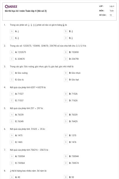 Đề thi học kì I môn Toán lớp 4 (Đề số 3)