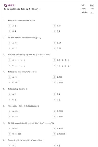 Đề thi học kì I môn Toán lớp 4 ( Đề số 4 )