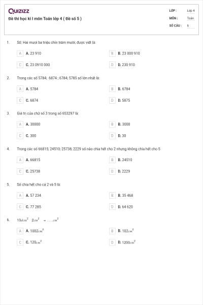 Đề thi học kì I môn Toán lớp 4 ( Đề số 5 )