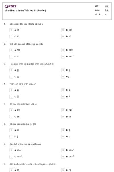 Đề thi học kì I môn Toán lớp 4 ( Đề số 6 )