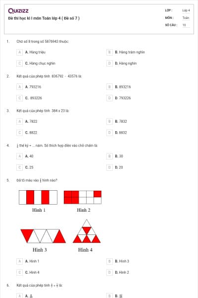 Đề thi học kì I môn Toán lớp 4 ( Đề số 7 )