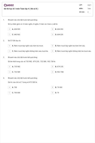 Đề thi học kì I môn Toán lớp 4 ( Đề số 8 )