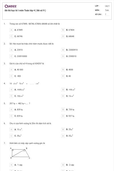 Đề thi học kì I môn Toán lớp 4 ( Đề số 9 )