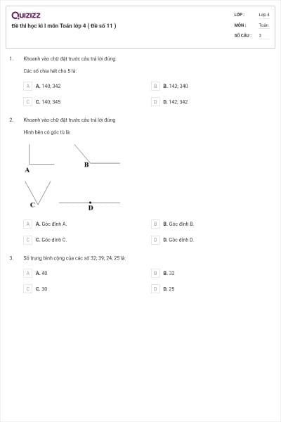 Đề thi học kì I môn Toán lớp 4 ( Đề số 11 )