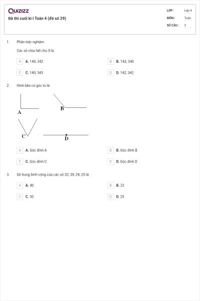 Đề thi cuối kì I Toán 4 (đề số 29)