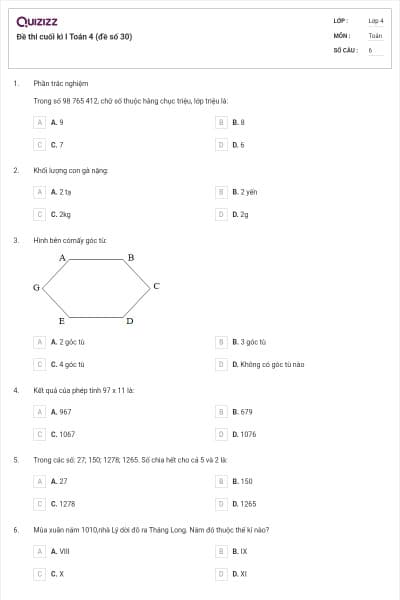 Đề thi cuối kì I Toán 4 (đề số 30)