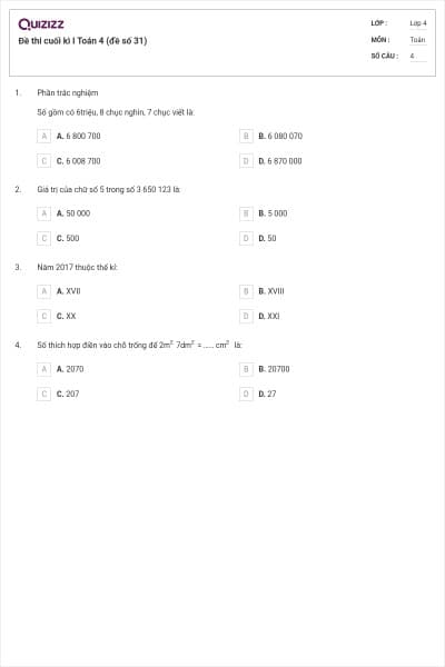 Đề thi cuối kì I Toán 4 (đề số 31)