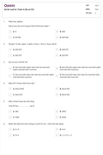 Đề thi cuối kì I Toán 4 (đề số 32)