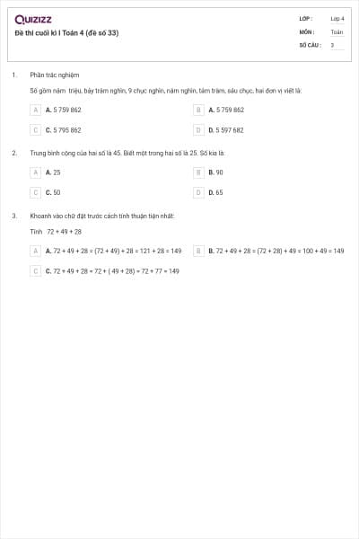 Đề thi cuối kì I Toán 4 (đề số 33)