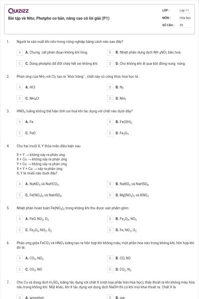 Bài tập về Nitơ, Photpho cơ bản, nâng cao có lời giải (P1)