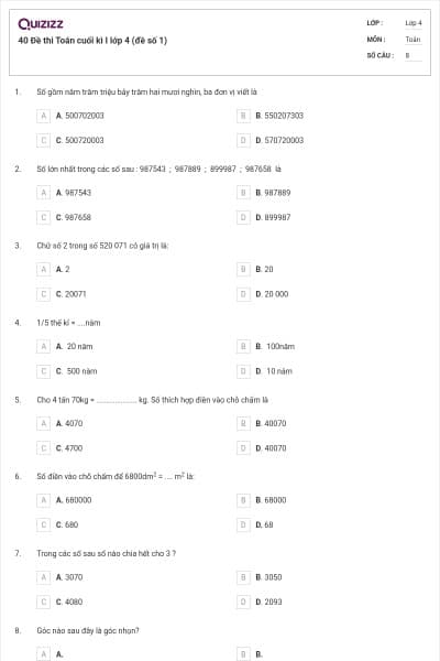 40 Đề thi Toán cuối kì I lớp 4 (đề số 1)