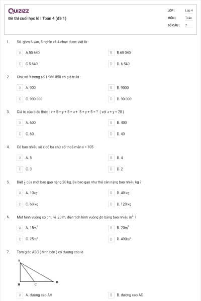 Đề thi cuối học kì I Toán 4 (đề 1)