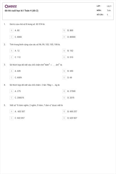 Đề thi cuối học kì I Toán 4 (đề 2)