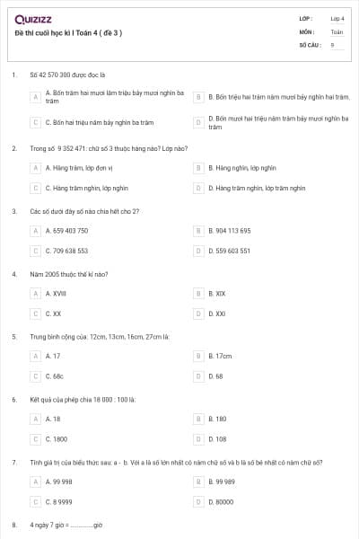Đề thi cuối học kì I Toán 4 ( đề 3 )