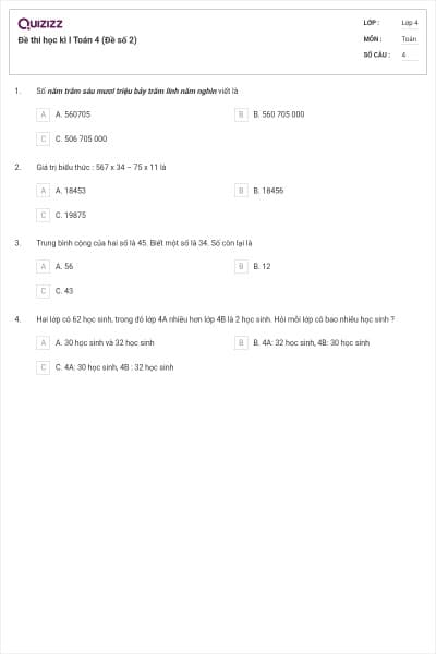 Đề thi học kì I Toán 4 (Đề số 2)