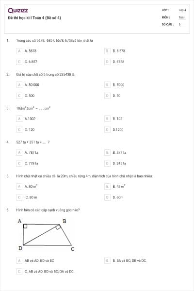Đề thi học kì I Toán 4 (Đề số 4)