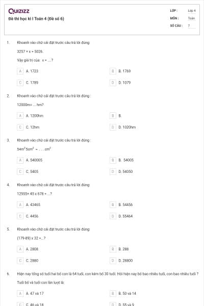Đề thi học kì I Toán 4 (Đề số 6)