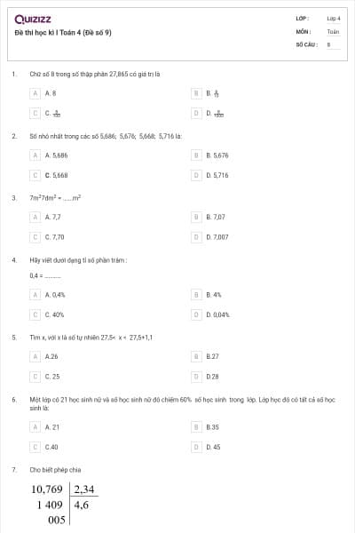 Đề thi học kì I Toán 4 (Đề số 9)