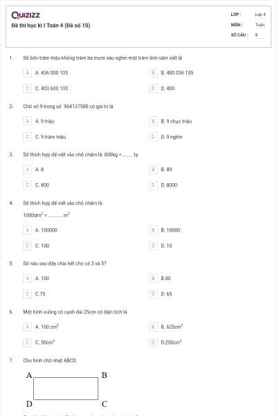 Đề thi học kì I Toán 4 (Đề số 10)