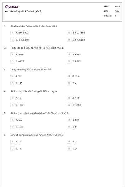 Đề thi cuối học kì I Toán 4 ( đề 5 )