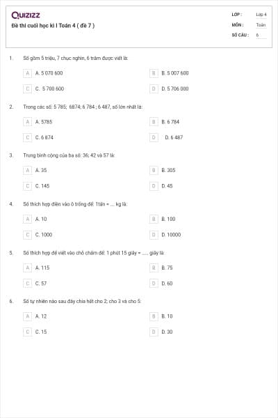 Đề thi cuối học kì I Toán 4 ( đề 7 )