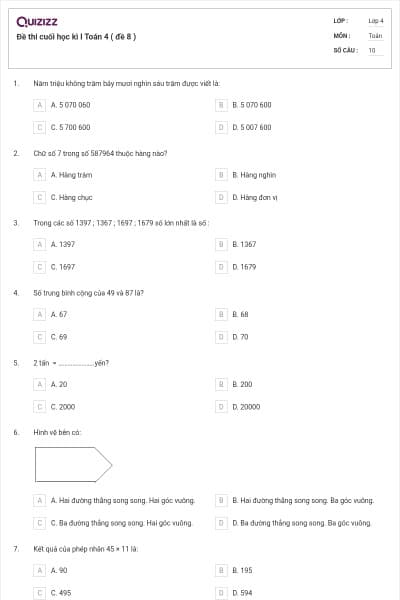 Đề thi cuối học kì I Toán 4 ( đề 8 )