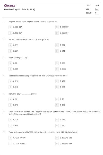 Đề thi cuối học kì I Toán 4 ( đề 9 )