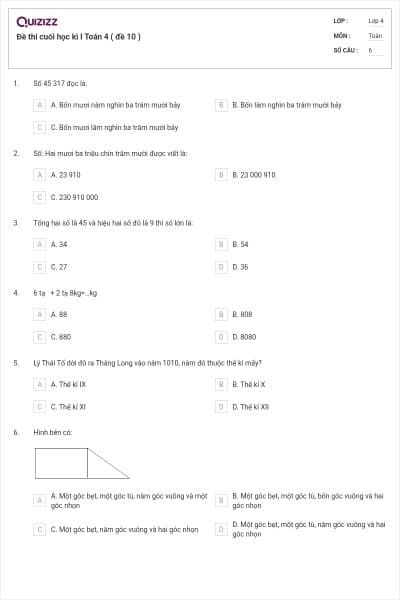Đề thi cuối học kì I Toán 4 ( đề 10 )