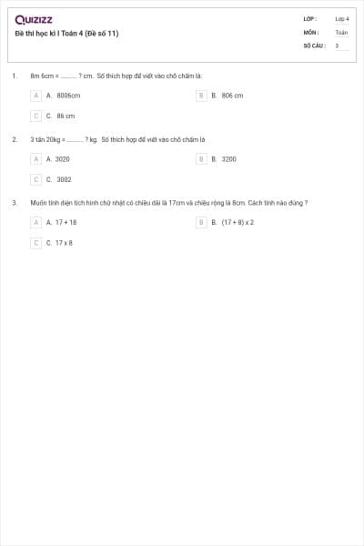 Đề thi học kì I Toán 4 (Đề số 11)