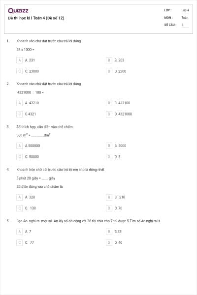 Đề thi học kì I Toán 4 (Đề số 12)