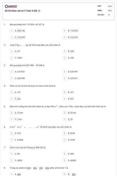 Đề thi khảo sát số 2 Toán 4 (Đề 1)