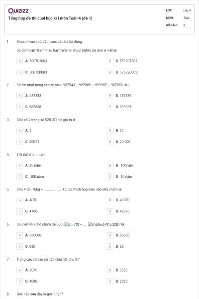 Tổng hợp đề thi cuối học kì I môn Toán 4 (đề 1)