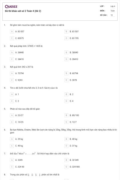 Đề thi khảo sát số 2 Toán 4 (Đề 2)