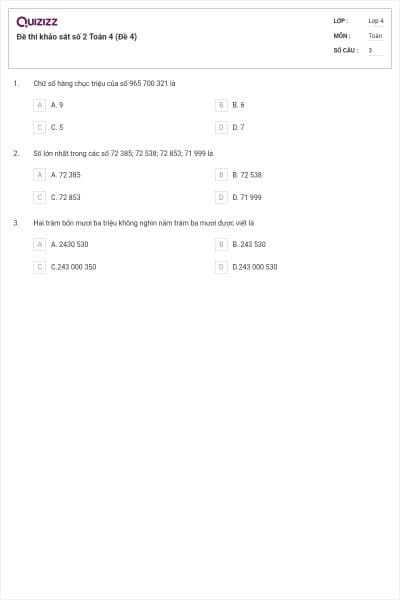 Đề thi khảo sát số 2 Toán 4 (Đề 4)
