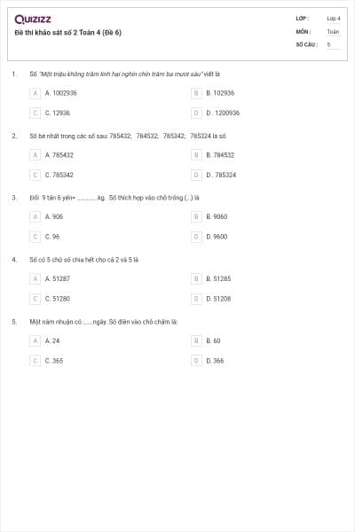 Đề thi khảo sát số 2 Toán 4 (Đề 6)