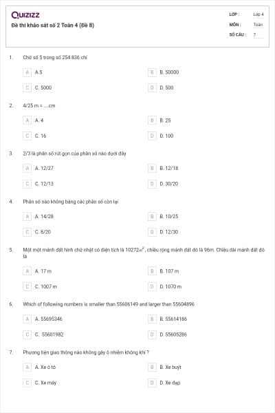 Đề thi khảo sát số 2 Toán 4 (Đề 8)