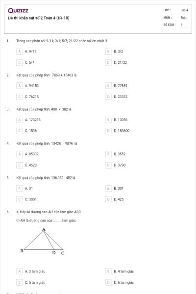 Đề thi khảo sát số 2 Toán 4 (Đề 10)