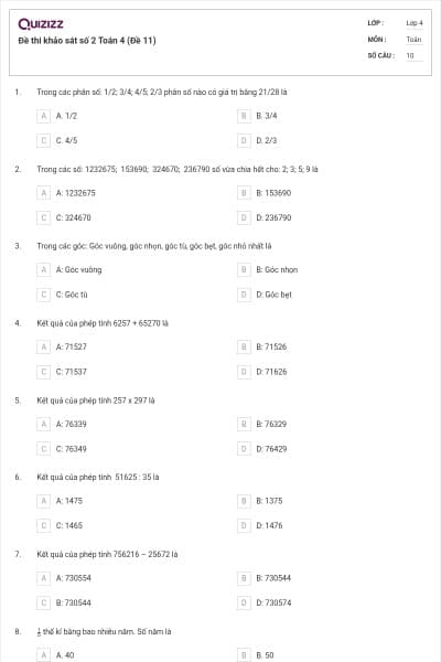 Đề thi khảo sát số 2 Toán 4 (Đề 11)