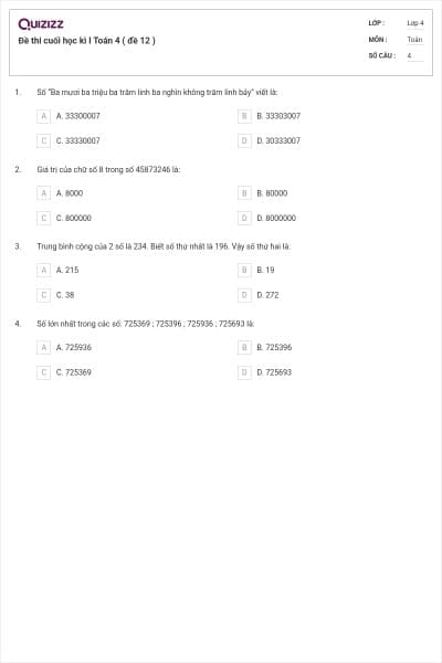 Đề thi cuối học kì I Toán 4 ( đề 12 )