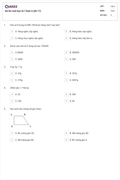 Đề thi cuối học kì I Toán 4 (đề 17)
