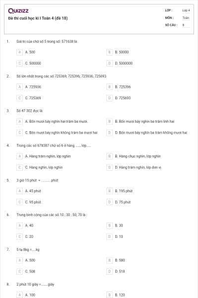 Đề thi cuối học kì I Toán 4 (đề 18)