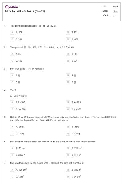 Đề thi học kì II môn Toán 4 (đề số 1)