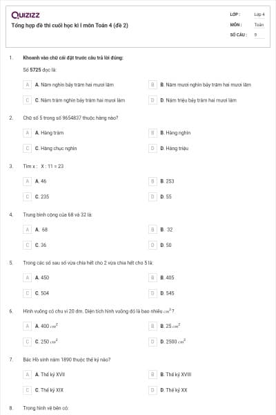 Tổng hợp đề thi cuối học kì I môn Toán 4 (đề 2)